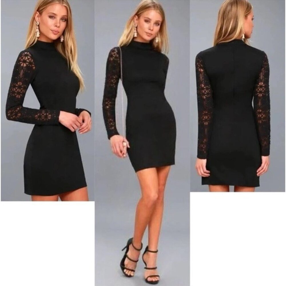 Lulus Black Lace Crochet Sleeves Lined Mock Neck Bodycon Dress Size Small NWT